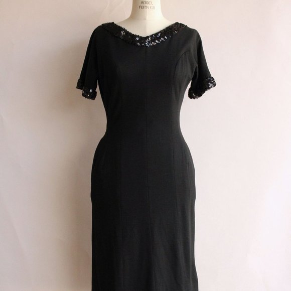 Vintage 1960s Dress / Black Wiggle Dress with Pockets and Sequin Trim / V Neck - Picture 2 of 10